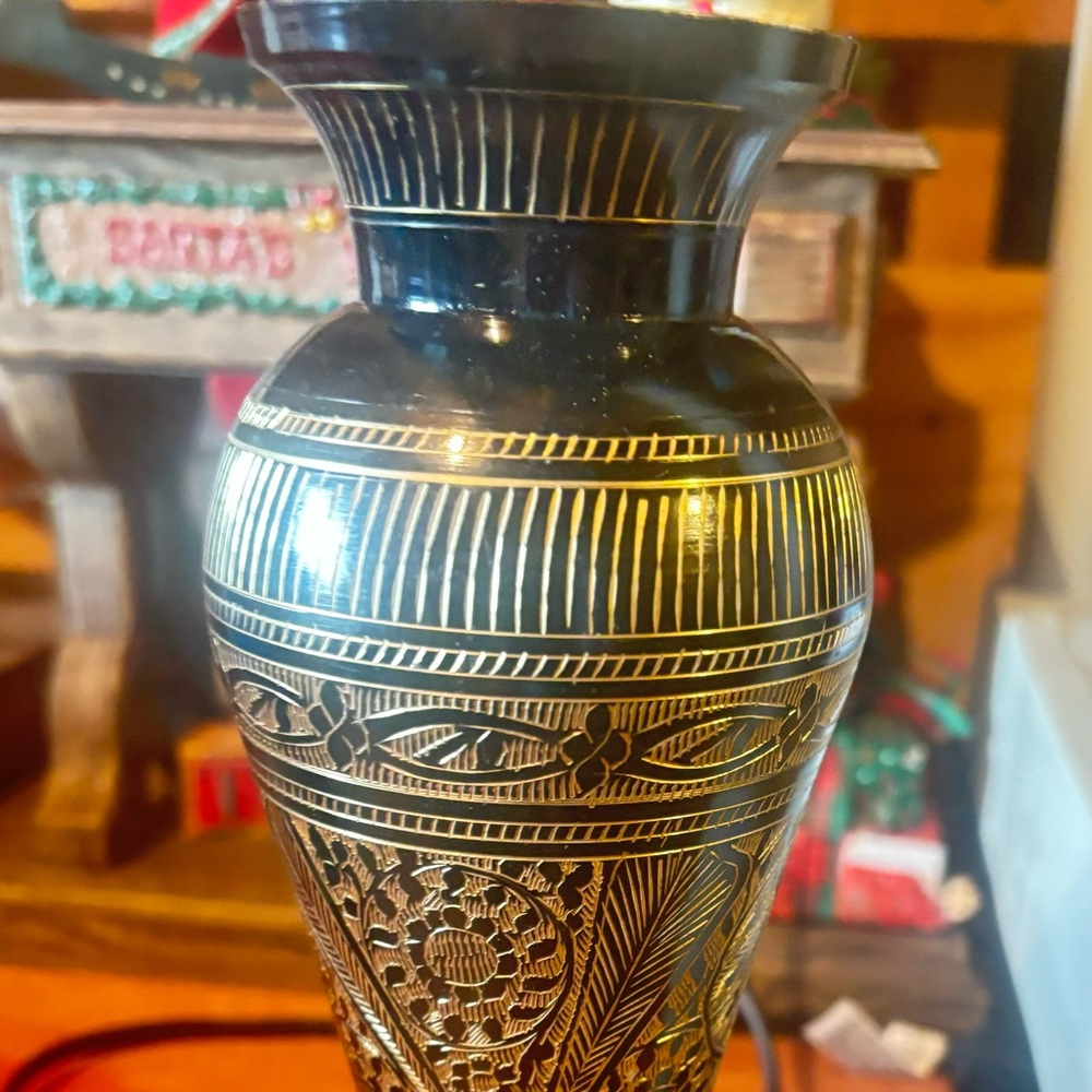 Decorative Black and Gold Etched Metal Vase - Home Accents